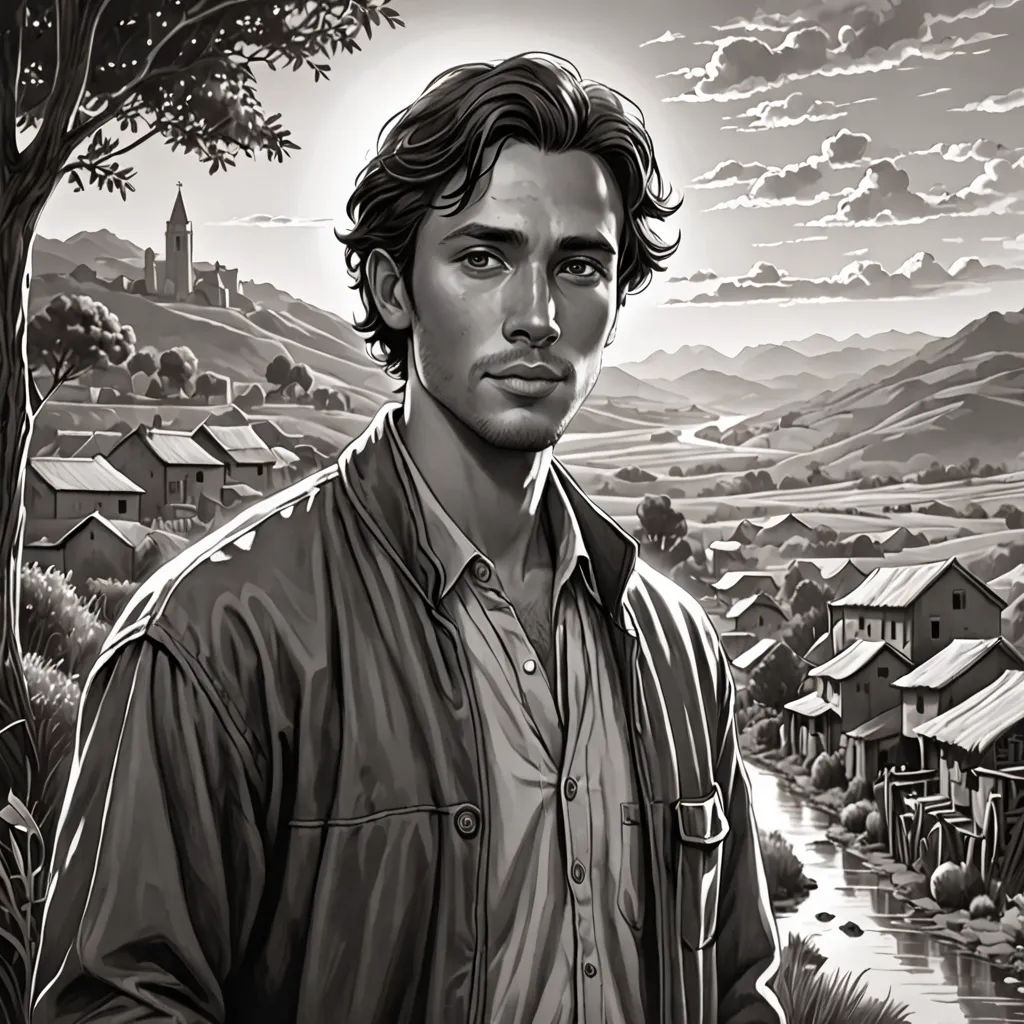 a man standing in front of a painting of a town and a river with houses on it and a tree, serial art, a character portrait, Cedric Seaut (Keos Masons), promotional image
