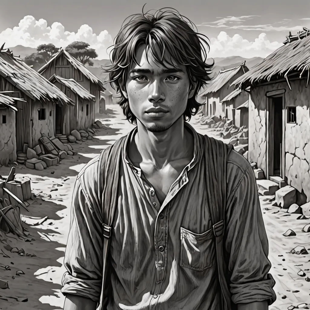 a man standing in front of a village with a dog in his hand and a dog in his other hand, hyperrealism, a character portrait, Diego Gisbert Llorens, yukito kishiro