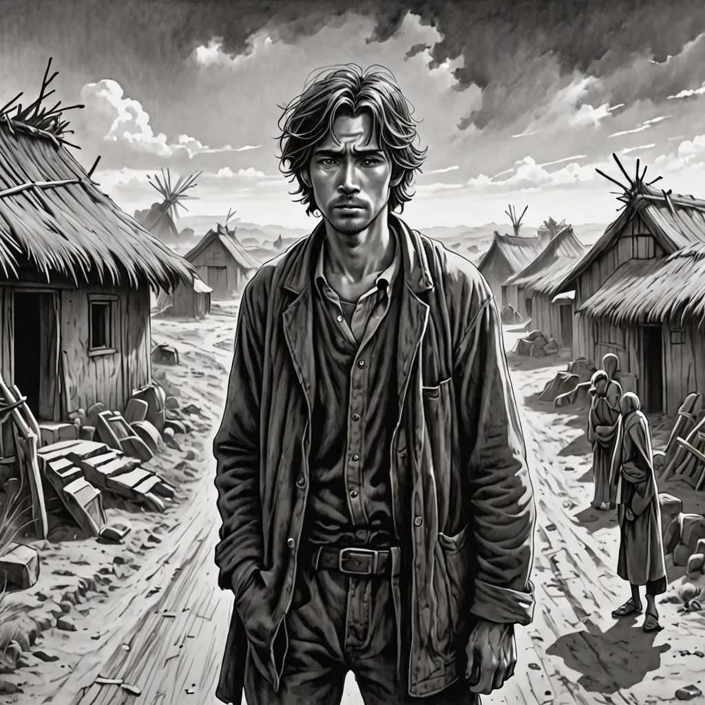 a man standing in front of a village with a woman walking by him and a man walking away from him, fantastic realism, a comic book panel, Edward Sorel, graphic novel