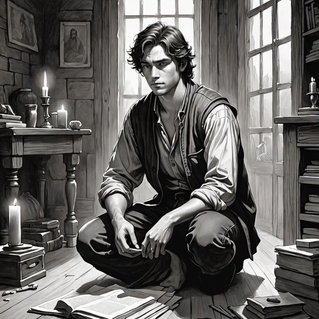 a man kneeling down in a room with a lot of books and candles on the floor and a fireplace, altermodern, a character portrait, Donato Giancola, magic the gathering artwork