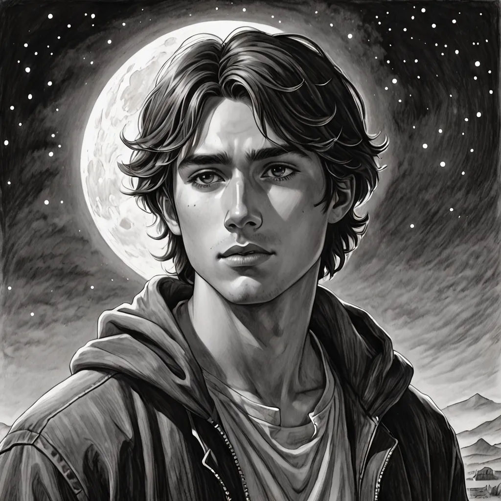 a drawing of a young man with a hoodie on and a full moon in the background, with a black and white background, figurative art, a character portrait, Aaron Jasinski, moonlight
