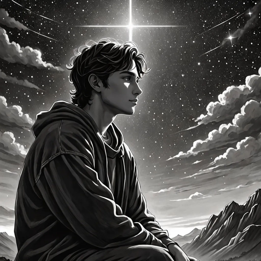 a man sitting on a rock looking at the stars above him in the sky with mountains in the background, space art, a storybook illustration, Cliff Childs, official art