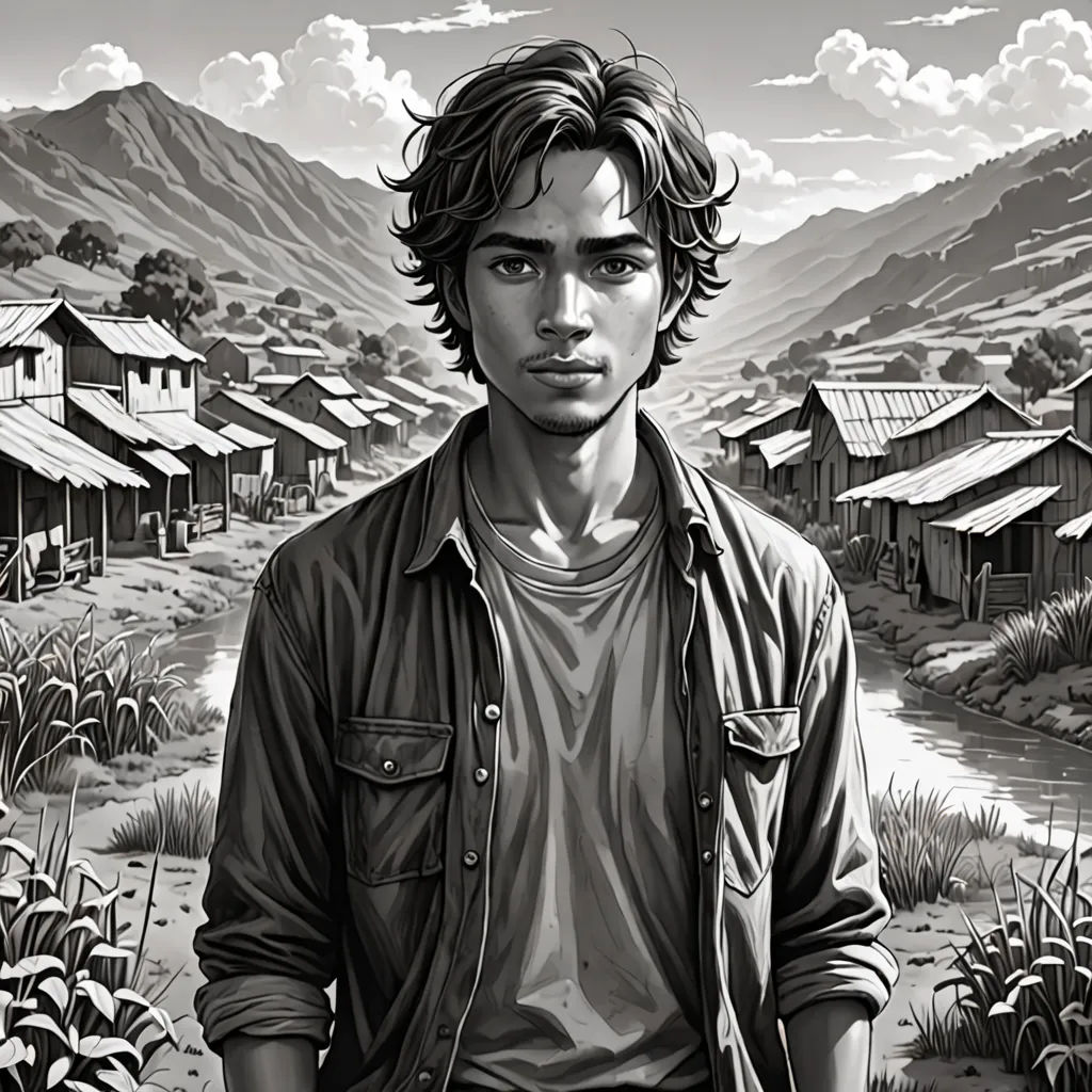 a man standing in front of a painting of a town and mountains with a river running through it and a mountain range in the background, magical realism, a character portrait, Dirk Crabeth, graphic novel