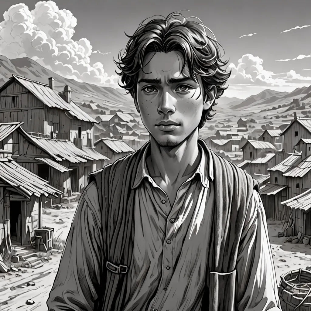 a man standing in front of a village with a mountain in the background and a sky with clouds above, serial art, a character portrait, Diego Gisbert Llorens, graphic novel