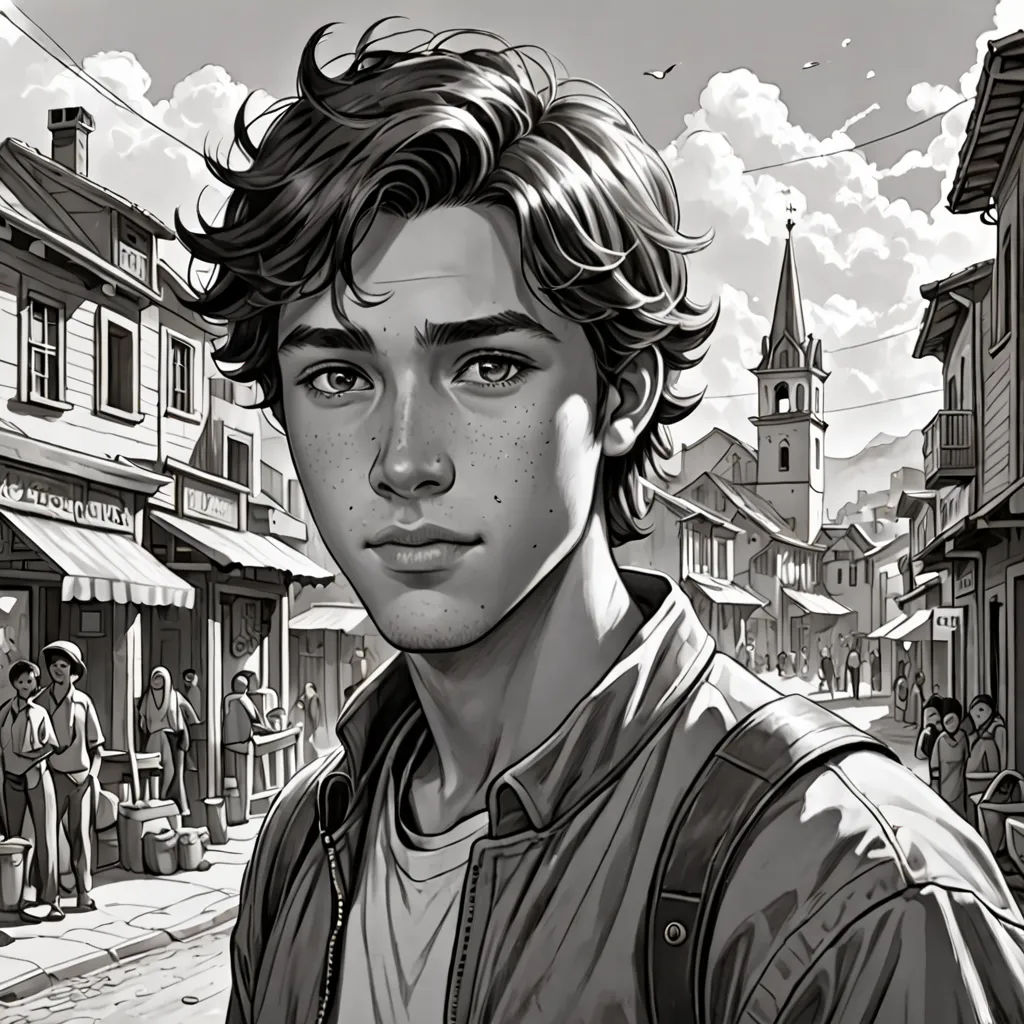 a man standing in front of a street with a clock tower in the background and a crowd of people, magical realism, a character portrait, Cedric Seaut (Keos Masons), graphic novel