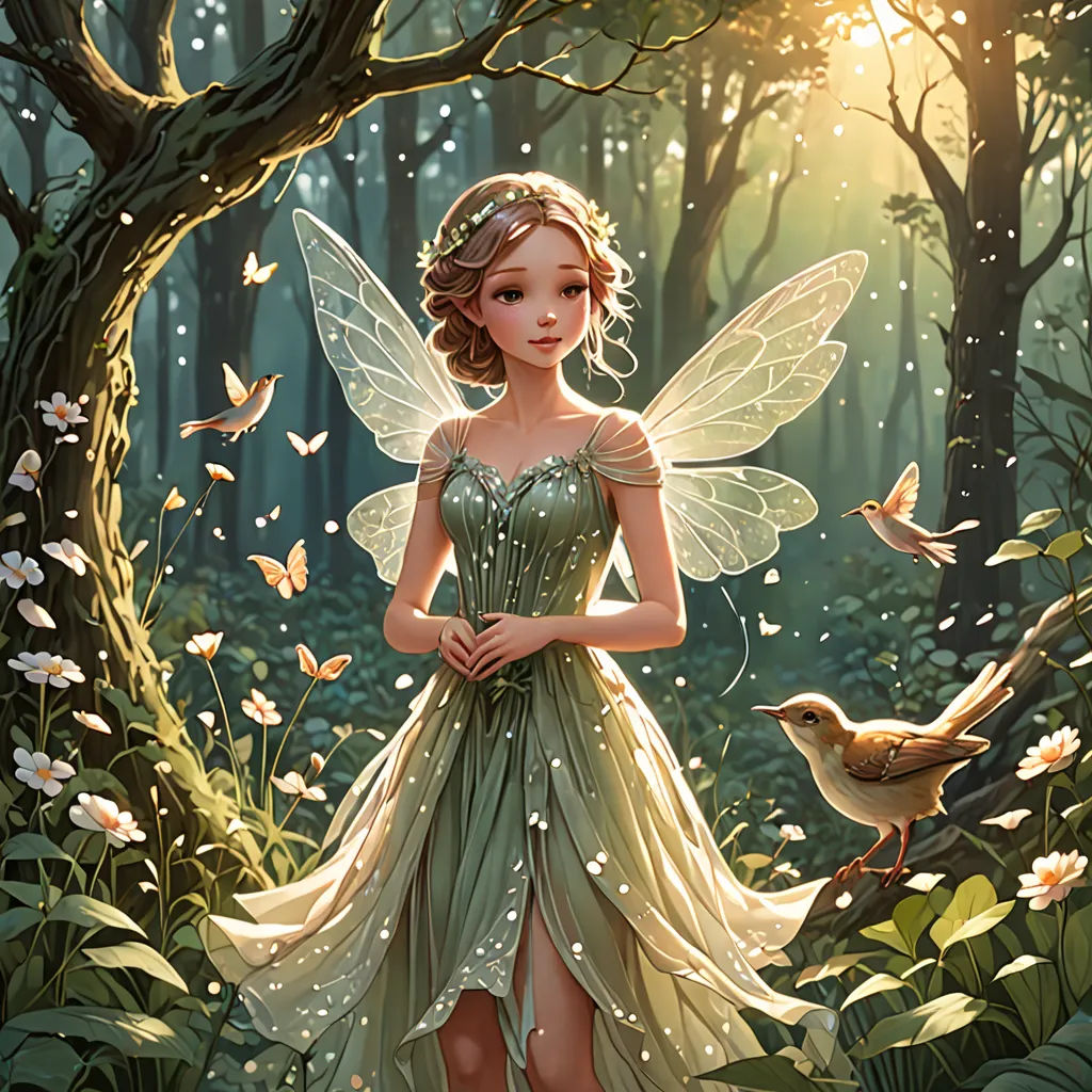 a fairy with a bird in a forest with butterflies around her and a bird flying around her, with a sun shining through the trees, fantasy art, a storybook illustration, Anne Stokes, rossdraws global illumination