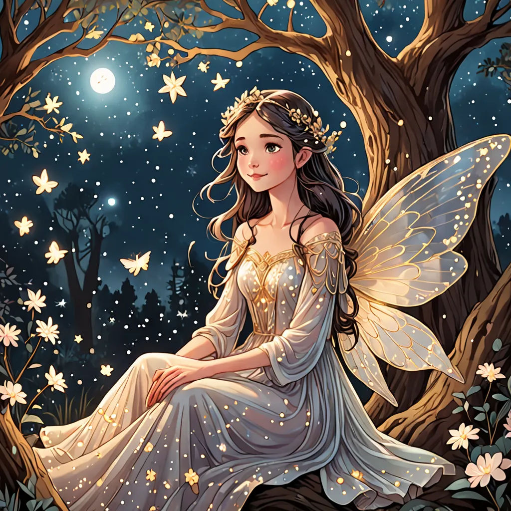 a fairy sitting on a tree branch in the night with stars and a full moon behind her, with a full moon behind her, fantasy art, a storybook illustration, Anne Stokes, fantasy artwork