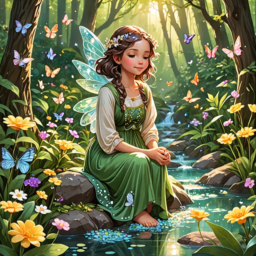 a fairy sitting on a rock in a forest with flowers and butterflies around her, looking at the water, fantasy art, a storybook illustration, Anne Stokes, kinkade