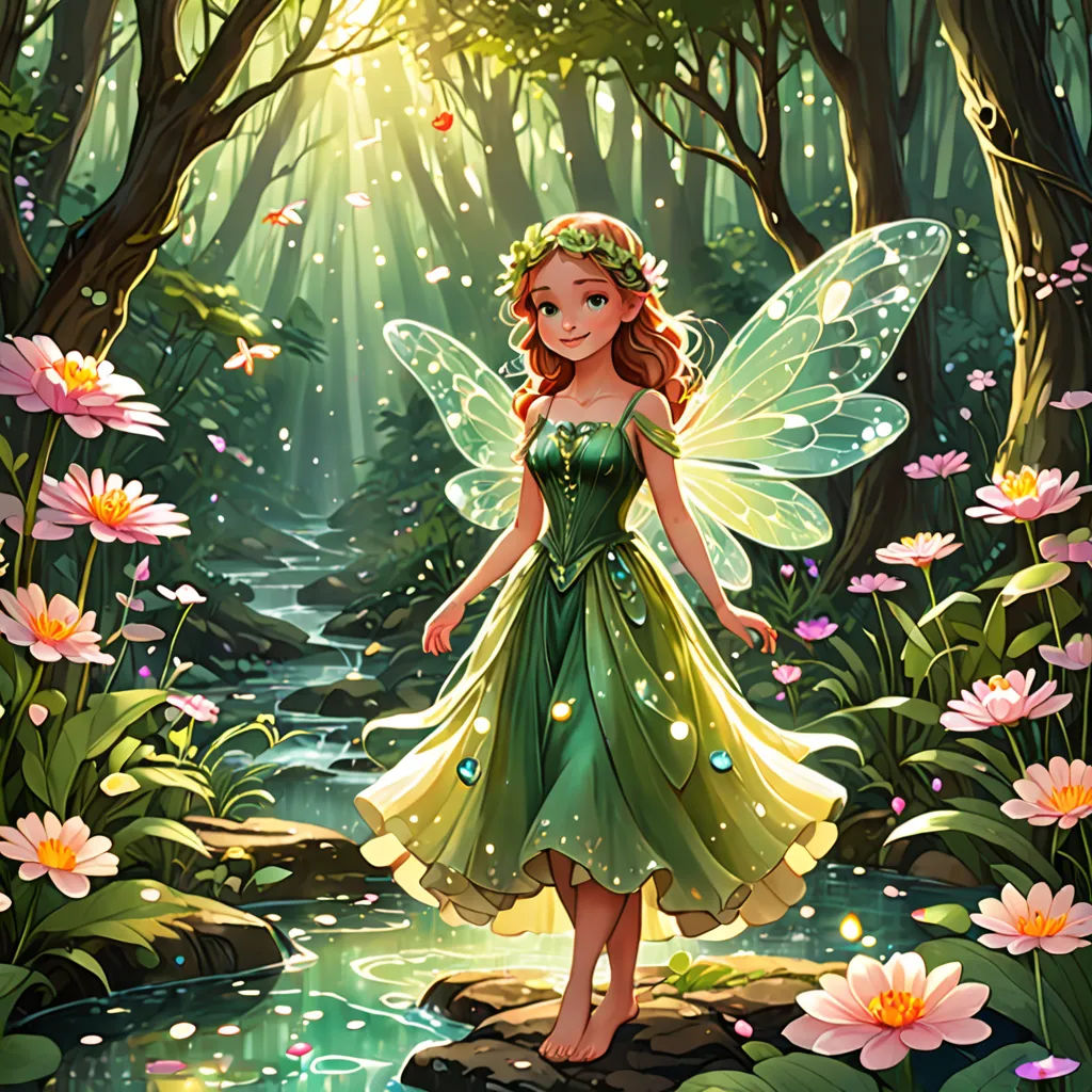 a fairy standing on a rock in a forest with flowers and butterflies around her, with a stream running through the forest, fantasy art, a storybook illustration, Anne Stokes, kinkade