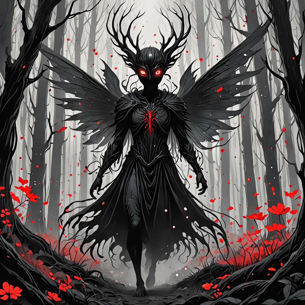 a creepy looking demon standing in a forest with red flowers on the ground and trees around it, with red eyes, fantasy art, concept art, Dan Mumford, dark fantasy art