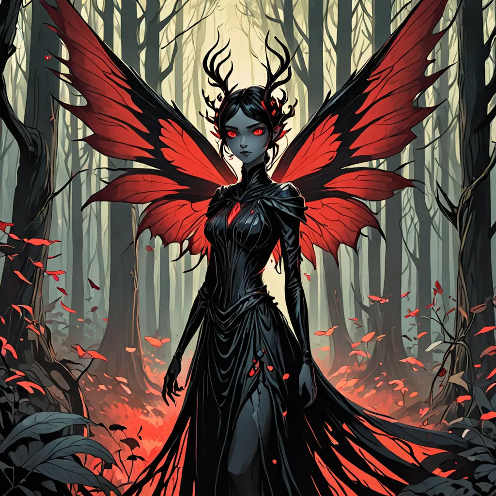 a woman in a black dress with red wings in a forest with red leaves on the ground and a full moon in the background, fantasy art, concept art, Anne Stokes, dark fantasy art