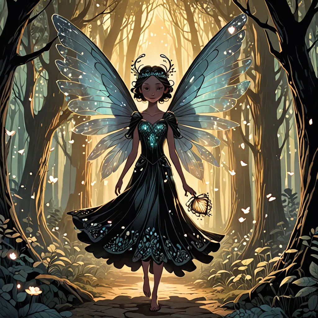 a fairy with a lantern in a forest with trees and leaves on the ground, and a fairy holding a lantern in her hand, fantasy art, a storybook illustration, Anna Dittmann, rossdraws global illumination