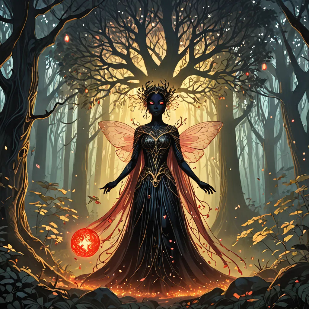 a fairy with a glowing orb in a forest with trees and leaves, holding a glowing orb in her hands, fantasy art, a storybook illustration, Anato Finnstark, dark fantasy art