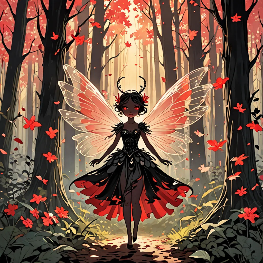 a fairy with a red dress and horns in a forest with red leaves and a trail leading to a red flowered tree, fantasy art, a storybook illustration, David Martin, rossdraws global illumination