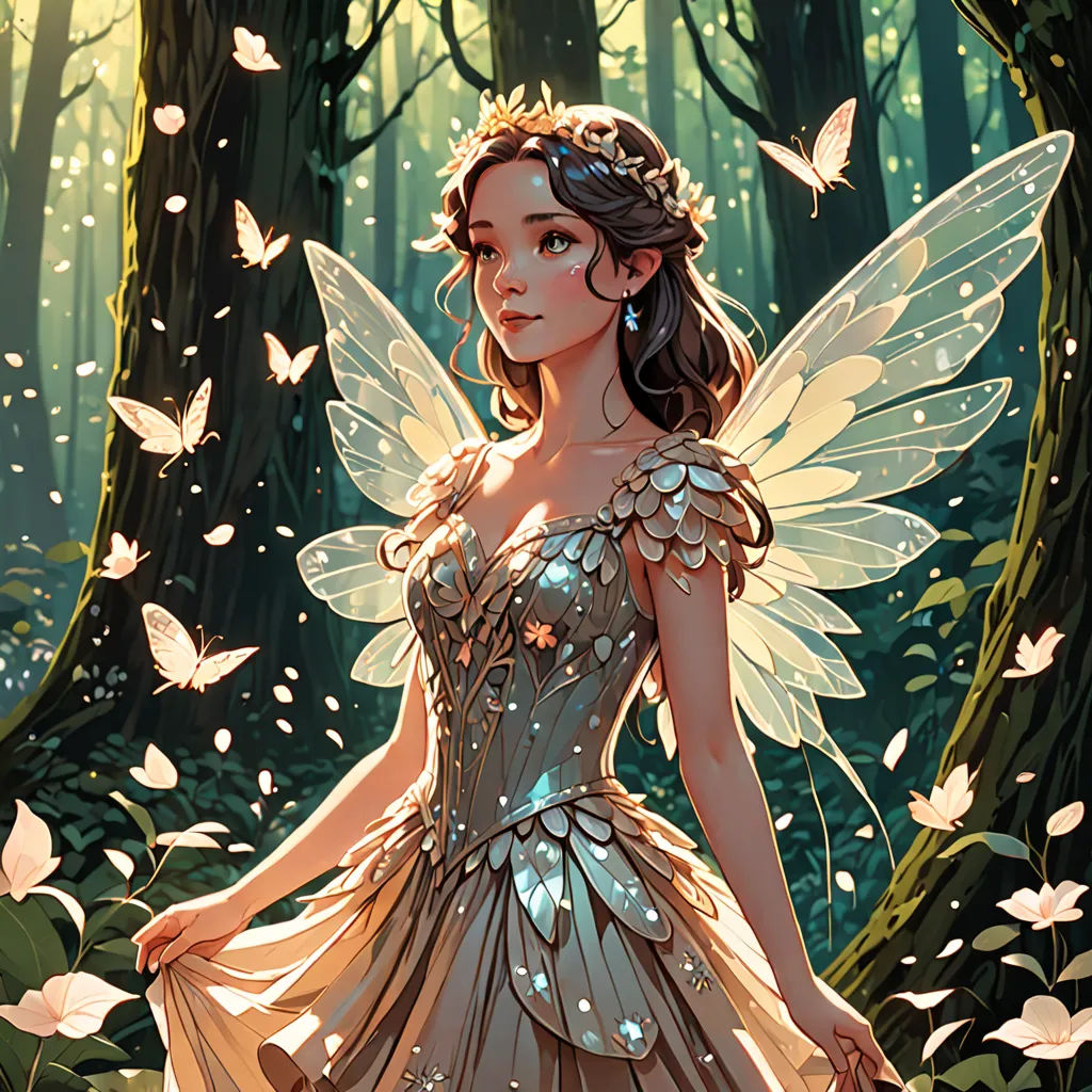 a fairy with a butterfly dress in a forest with butterflies around her and a butterfly in her hair, and a butterfly in her hand, fantasy art, a storybook illustration, Anna Dittmann, rossdraws global illumination