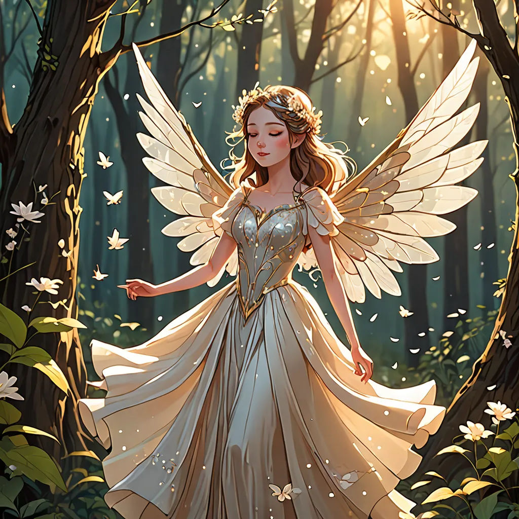 a fairy with wings standing in a forest with butterflies around her and a halo around her head, with a sun shining through the trees, fantasy art, a storybook illustration, Anne Stokes, rossdraws global illumination