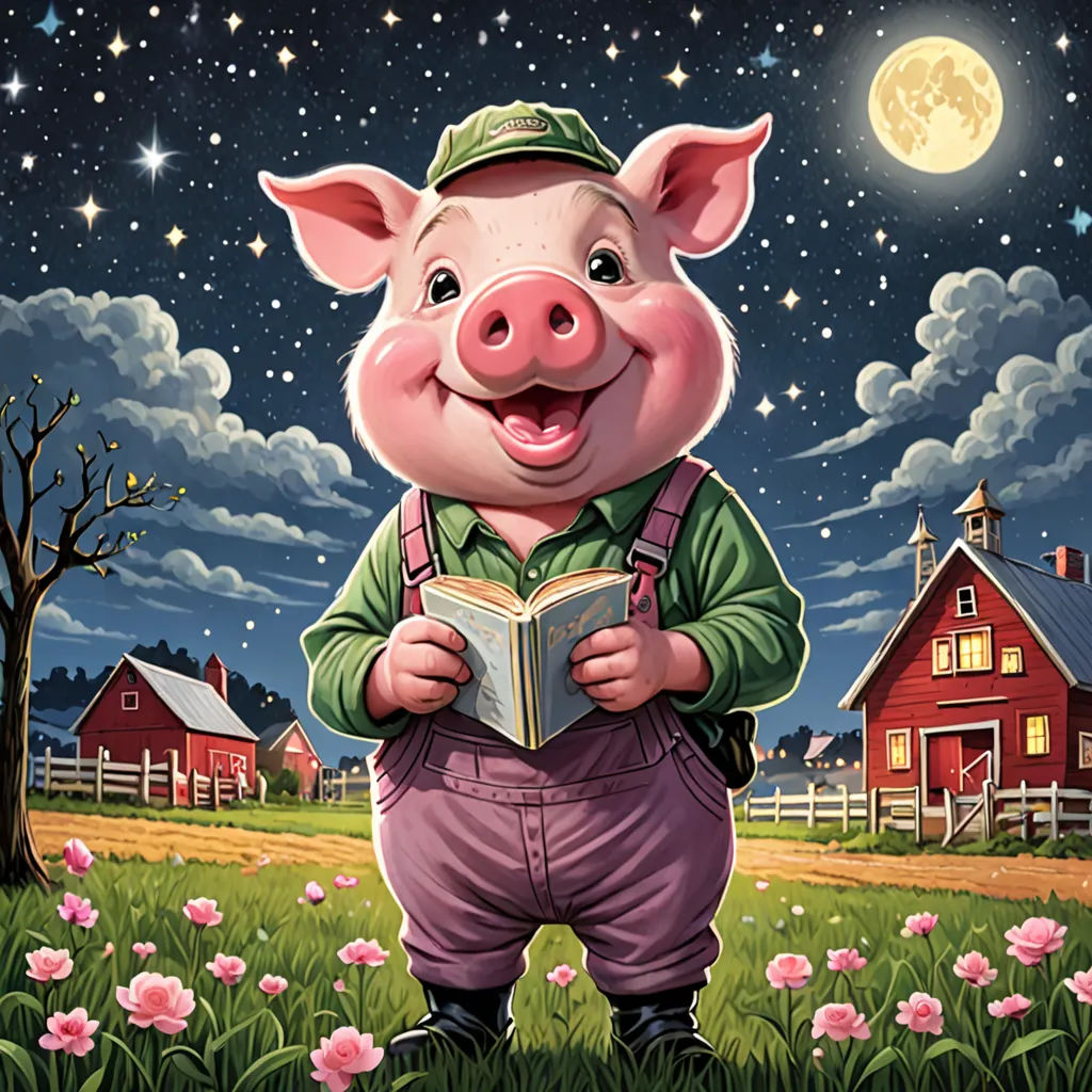 a pig that is standing in the grass with a book in his hands and a barn in the background, pop surrealism, a storybook illustration, Bob Byerley, storybook illustration