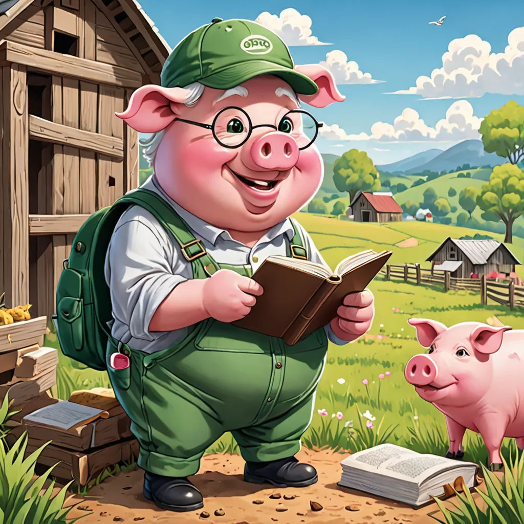 a pig is reading a book while standing in the grass with a pig in the background and a barn in the background, sots art, a storybook illustration, Bob Byerley, storybook illustration