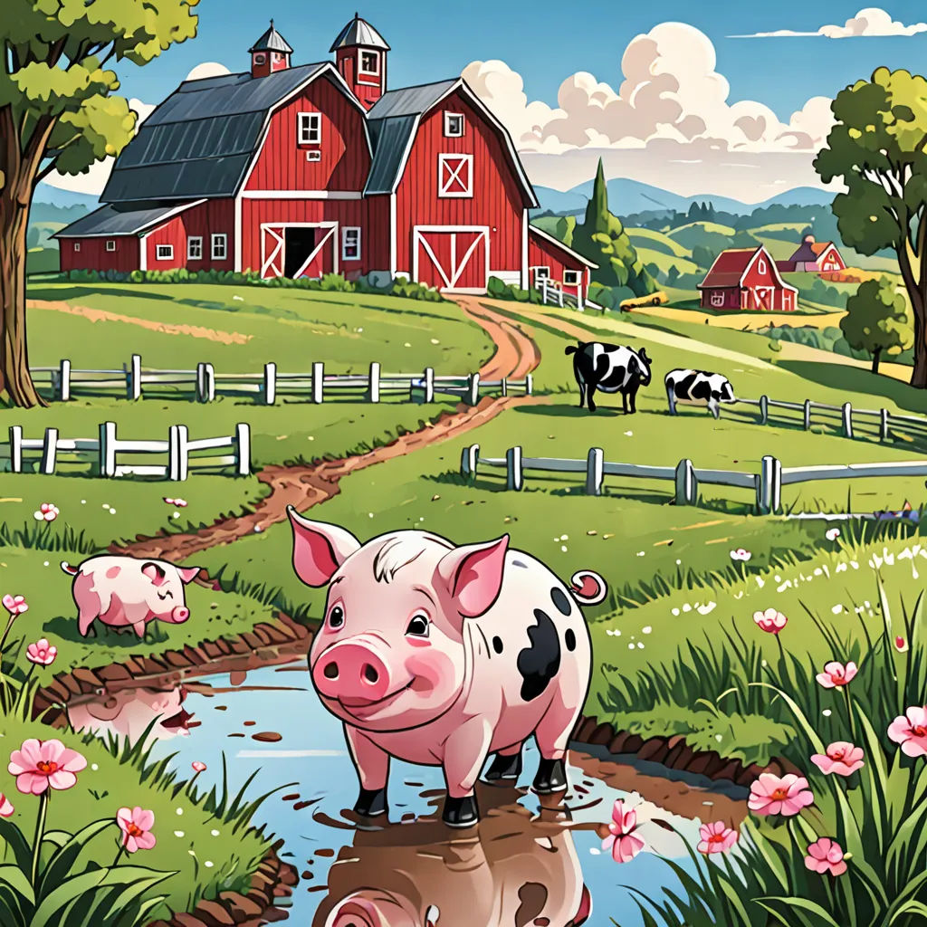 a pig is standing in a puddle of water in front of a farm with a barn and cows in the background, american scene painting, a storybook illustration, Andries Stock, storybook illustration