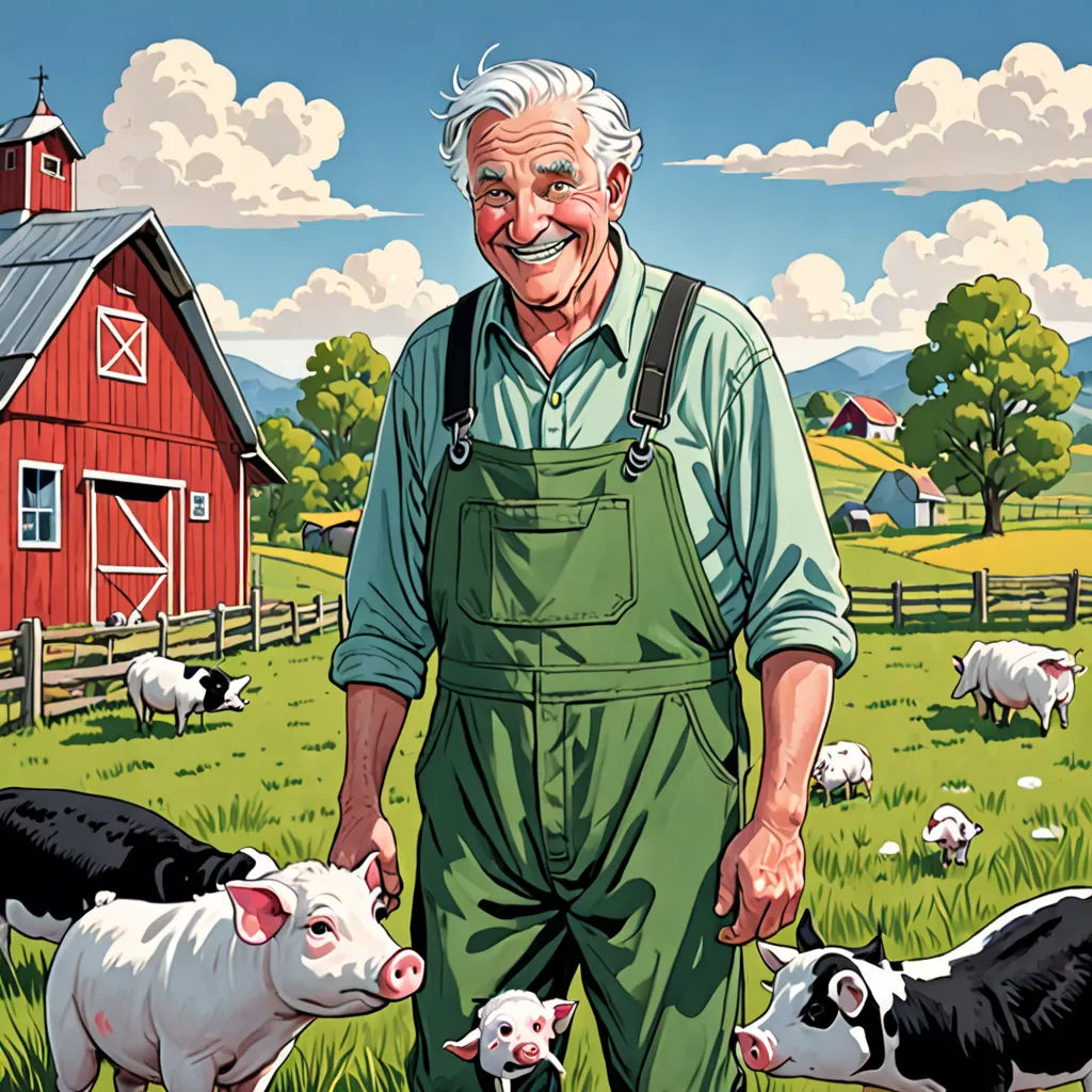 a man standing in a field with cows and a barn in the background with a red barn in the background, american realism, a storybook illustration, Bob Singer, official art