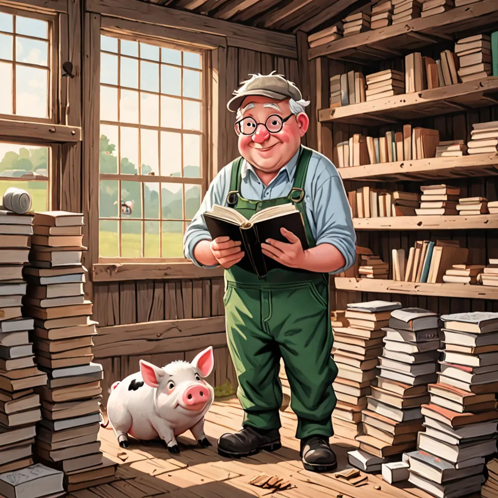 a man reading a book next to a pig in a library filled with books and bookshelves filled with books, fantasy art, a storybook illustration, Colin Middleton, storybook illustration