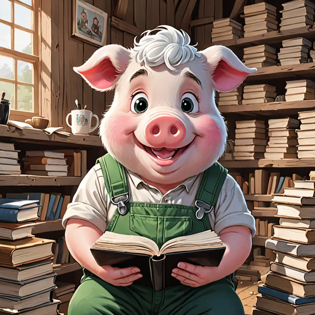 a pig is reading a book in a library with bookshelves and a window in the background and a bookcase full of books, fantasy art, a storybook illustration, Diego Gisbert Llorens, storybook illustration