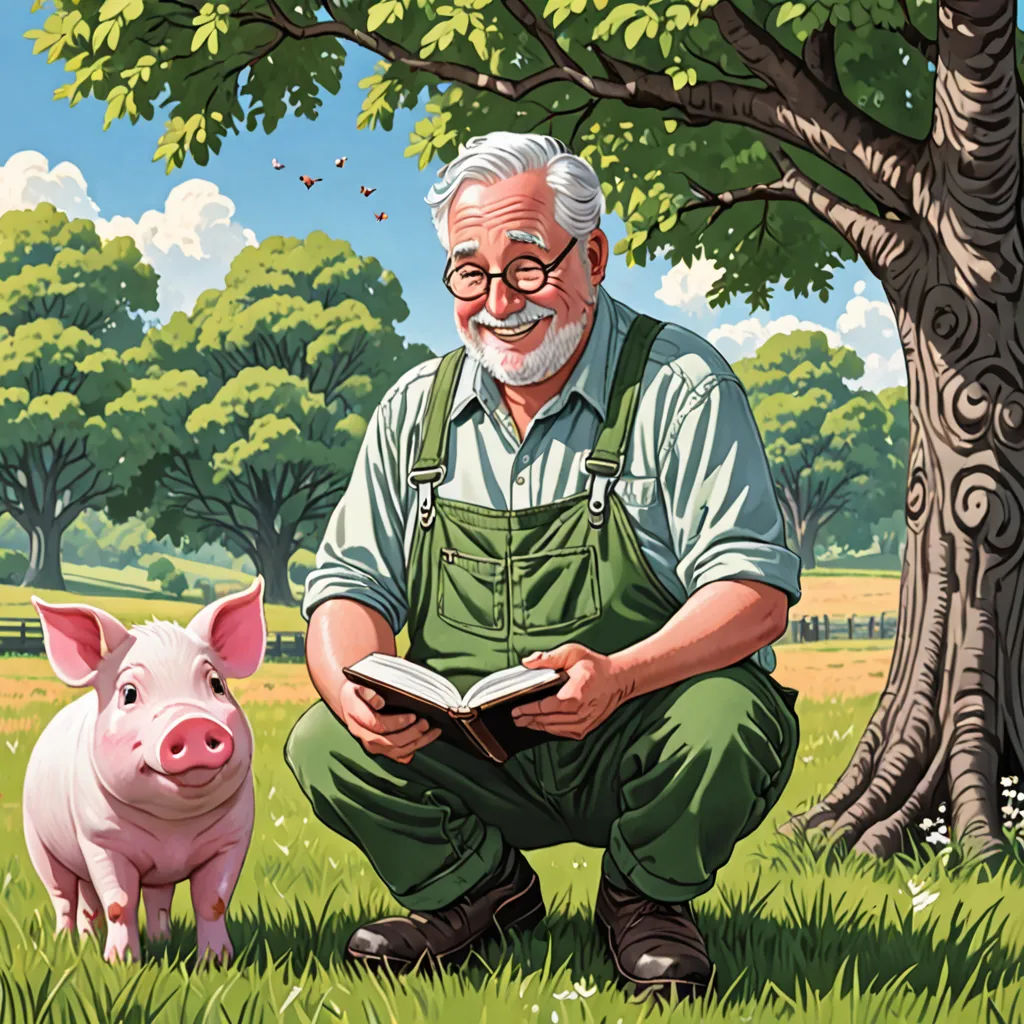 a man reading a book next to a pig in a field with a tree and a fence in the background, magical realism, a storybook illustration, Bob Byerley, storybook illustration
