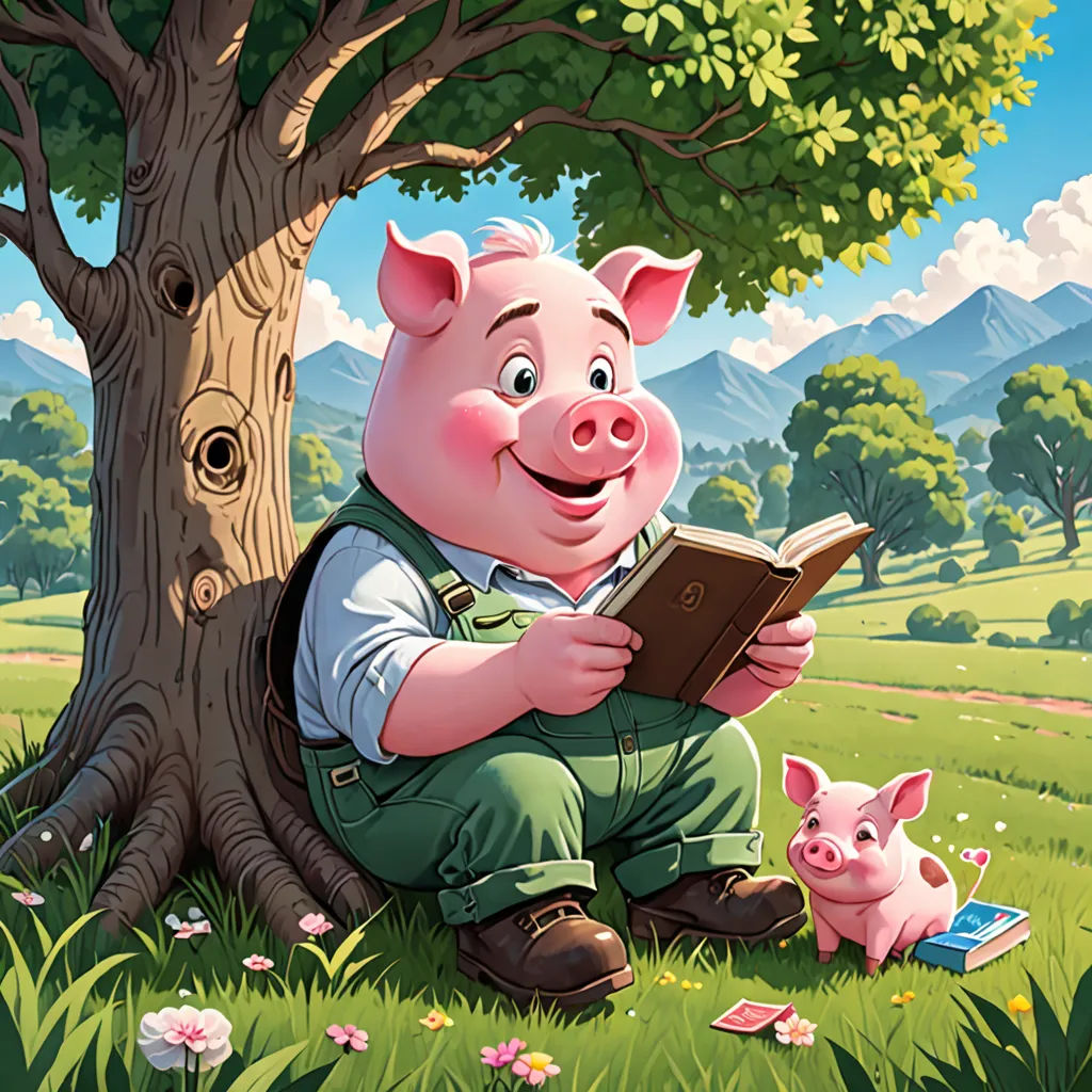 a pig sitting under a tree reading a book with a pig beside it and a pig pig in the grass, fantasy art, a storybook illustration, Chris LaBrooy, storybook illustration