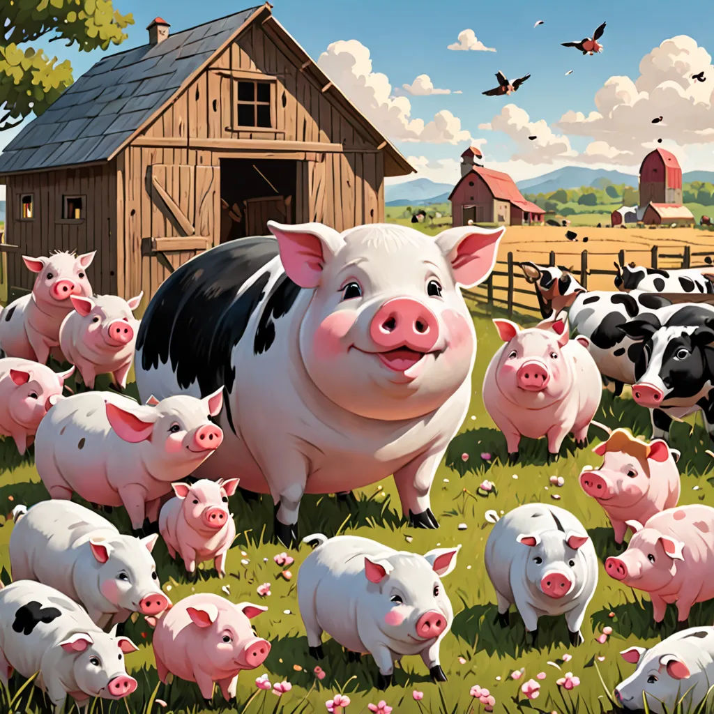 a painting of a pig and her babies in a field of pigs and pigs in front of a barn, american scene painting, a storybook illustration, Chris LaBrooy, josan gonzales and dan mumford