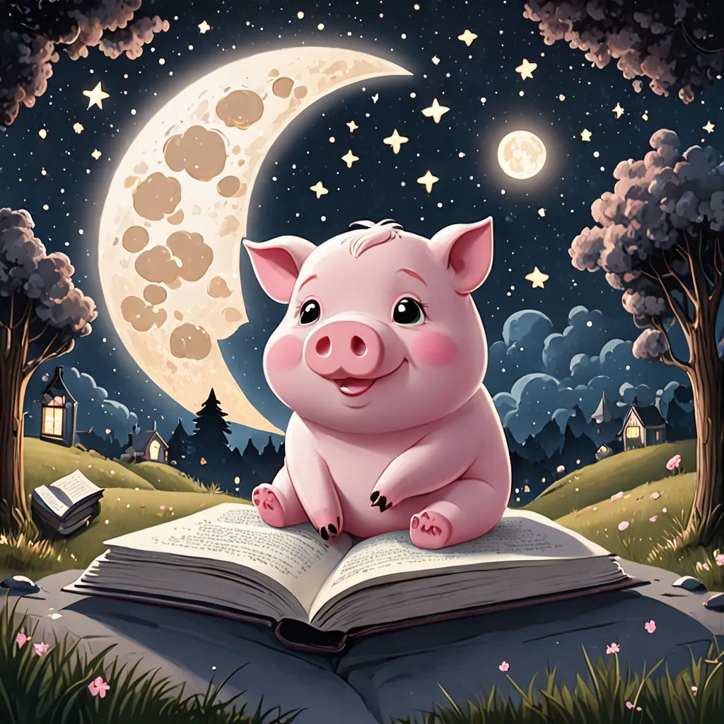 a pig sitting on top of a book in the grass with a book in front of it and a full moon in the background, fantasy art, a storybook illustration, Elinor Proby Adams, storybook illustration