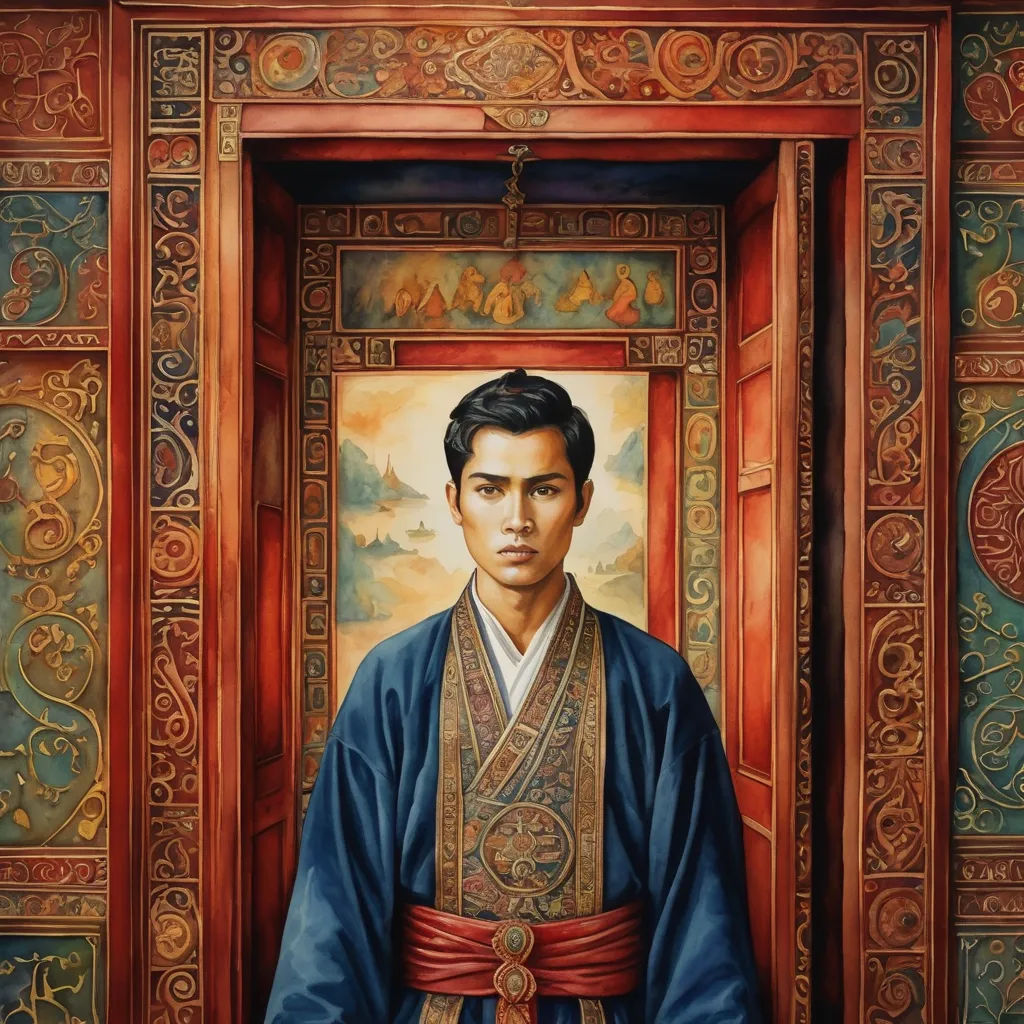 a painting of a man in a blue robe standing in front of a doorway with a painting of a man in a blue robe, cloisonnism, a photorealistic painting, Fang Congyi, extremely detailed oil painting