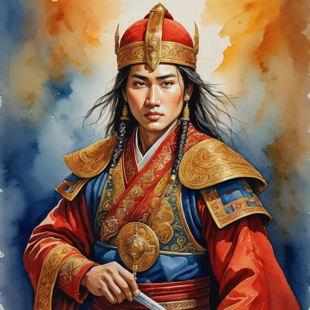 a painting of a man in a chinese costume holding a sword and wearing a crown and holding a sword, fantasy art, a watercolor painting, Ding Guanpeng, epic fantasy character art