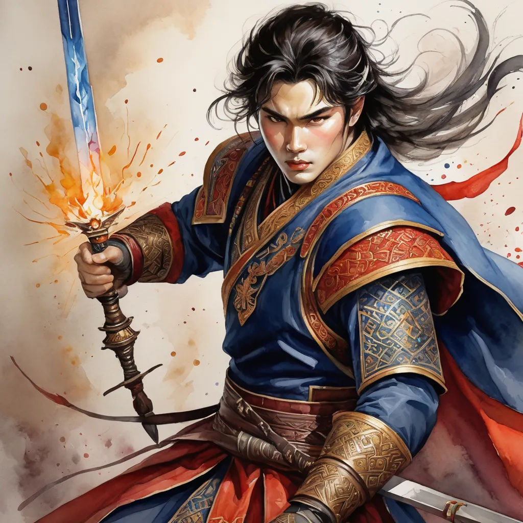 a man in a blue and red outfit holding a sword and a sword in his hand with a red and yellow background, fantasy art, a detailed painting, Dai Jin, epic fantasy character art