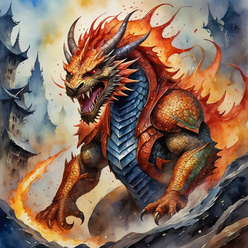 a painting of a dragon with a fire breathing face and a flamey body, on a mountain top, fantasy art, a detailed painting, Chris Rahn, dragon art