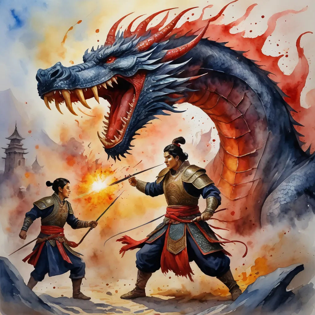 a painting of two men fighting a dragon with swords in front of a castle with a red fire coming out of it, fantasy art, a detailed painting, Dai Jin, dragon art