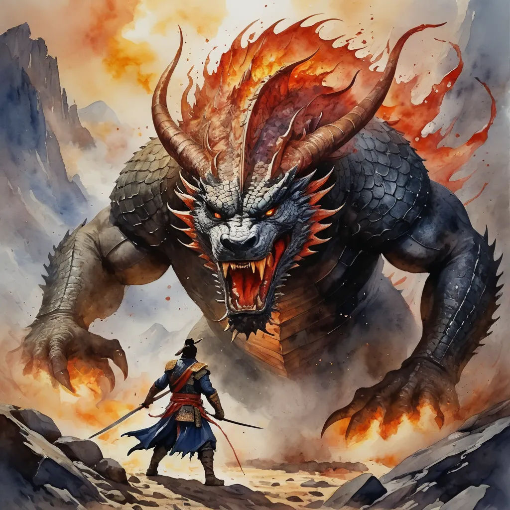 a painting of a man and a dragon with a sword in front of a mountain landscape with a fire breathing monster, fantasy art, a detailed painting, Christophe Vacher, dragon art
