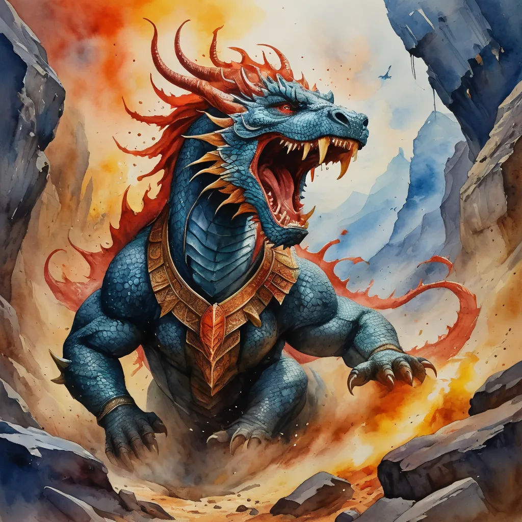 a painting of a dragon with a huge mouth and a huge body of fire in the background, with a mountain and sky in the foreground, altermodern, a detailed painting, Chris Rahn, in gouache detailed paintings