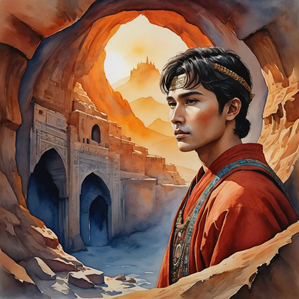 a painting of a man in a red shirt in a cave with a bridge in the background and a castle in the distance, fantasy art, an airbrush painting, Arthur Pan, rossdraws global illumination
