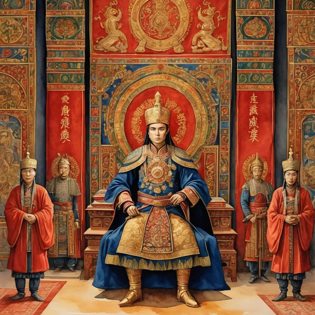 a painting of a man sitting on a throne surrounded by other men in red and gold robes and hats, cloisonnism, a detailed painting, Emperor Huizong of Song, classical painting