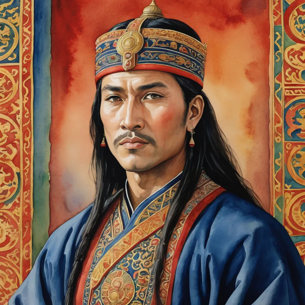 a painting of a man in a blue outfit with long hair and a crown on his head, wearing a blue and gold outfit, dau-al-set, a detailed painting, Ding Guanpeng, detailed painting