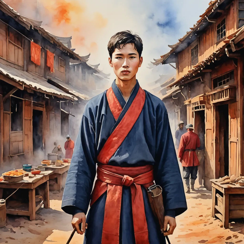 a painting of a man in a kimono holding a sword in front of a village with people walking around, photorealism, a photorealistic painting, Choi Buk, highly detailed digital painting