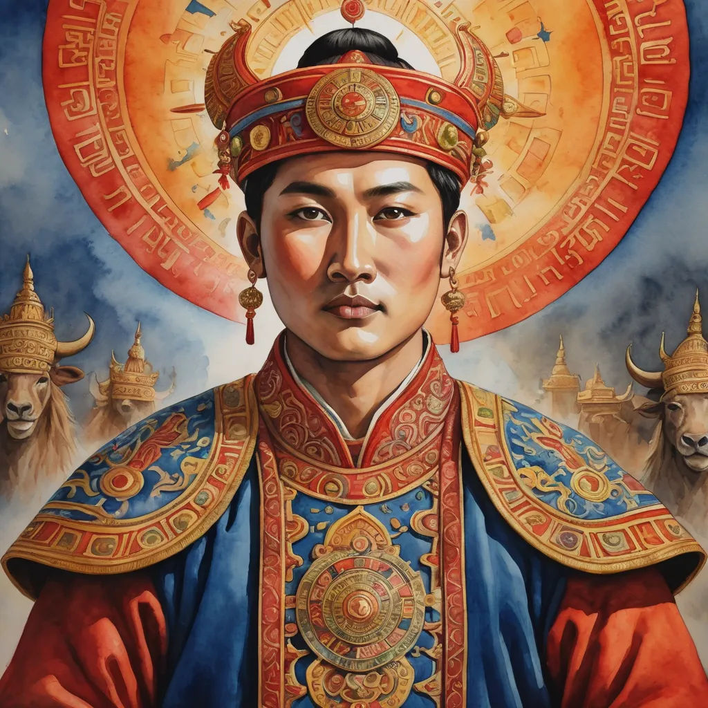 a painting of a man in a chinese costume with a sun above his head and other men in the background, cloisonnism, a detailed painting, Emperor Huizong of Song, detailed painting