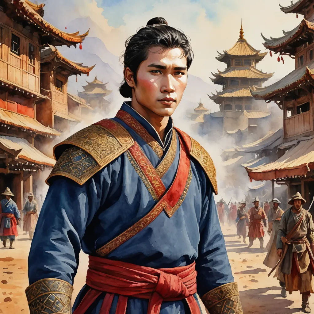 a painting of a man in a chinese costume standing in front of a building with a lot of people around him, fantasy art, a character portrait, Ding Guanpeng, epic fantasy character art
