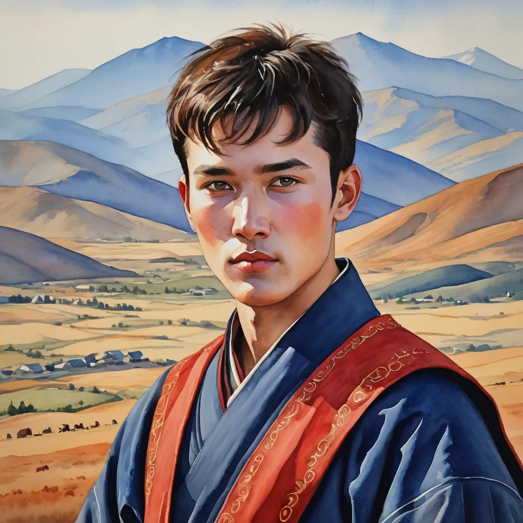 a painting of a young man in a blue and red outfit with mountains in the background and a sky, figurative art, a photorealistic painting, Aaron Jasinski, photorealistic portrait