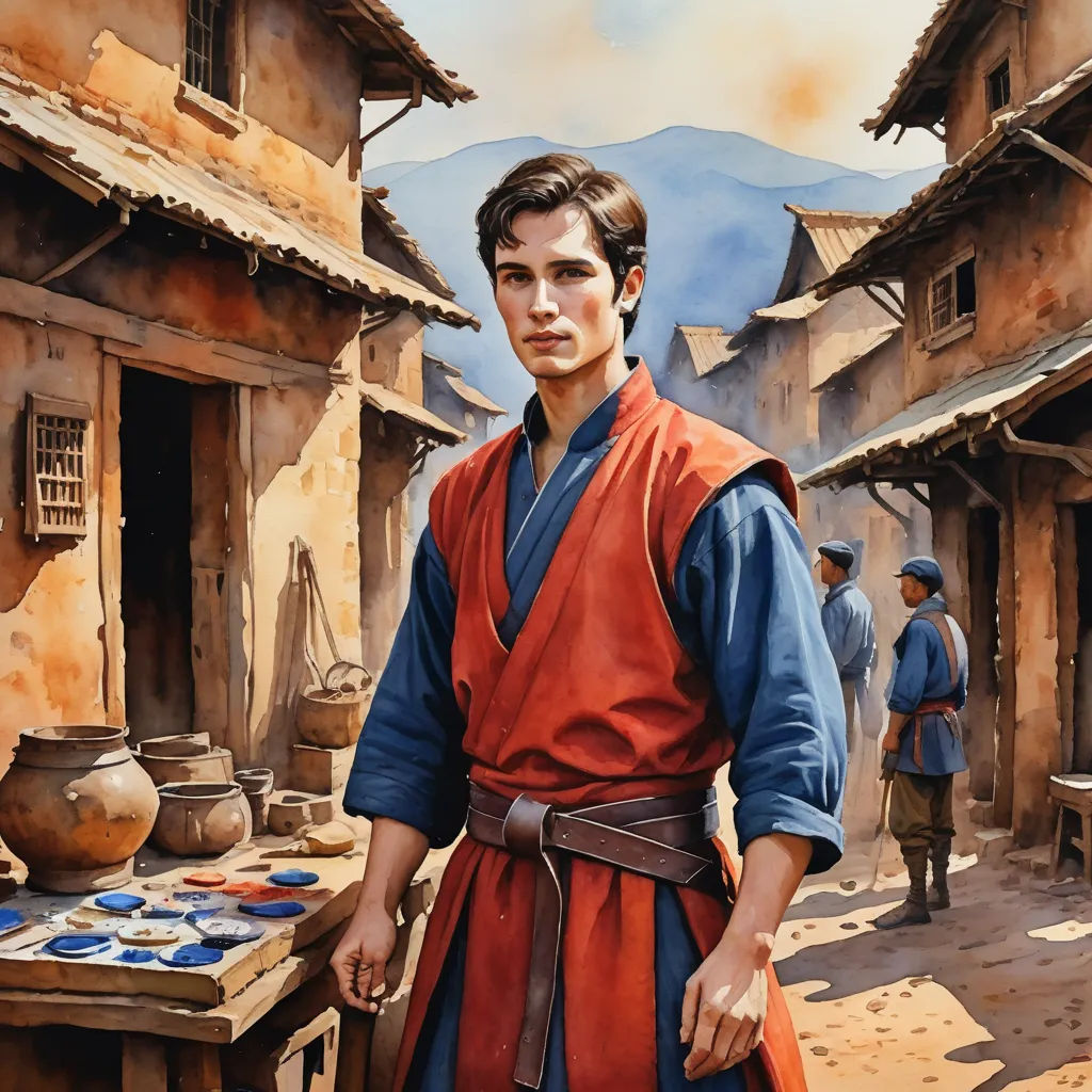 a painting of a man in a red and blue outfit standing in front of a village with a table and pots, cloisonnism, a detailed matte painting, Drew Struzan, orientalism