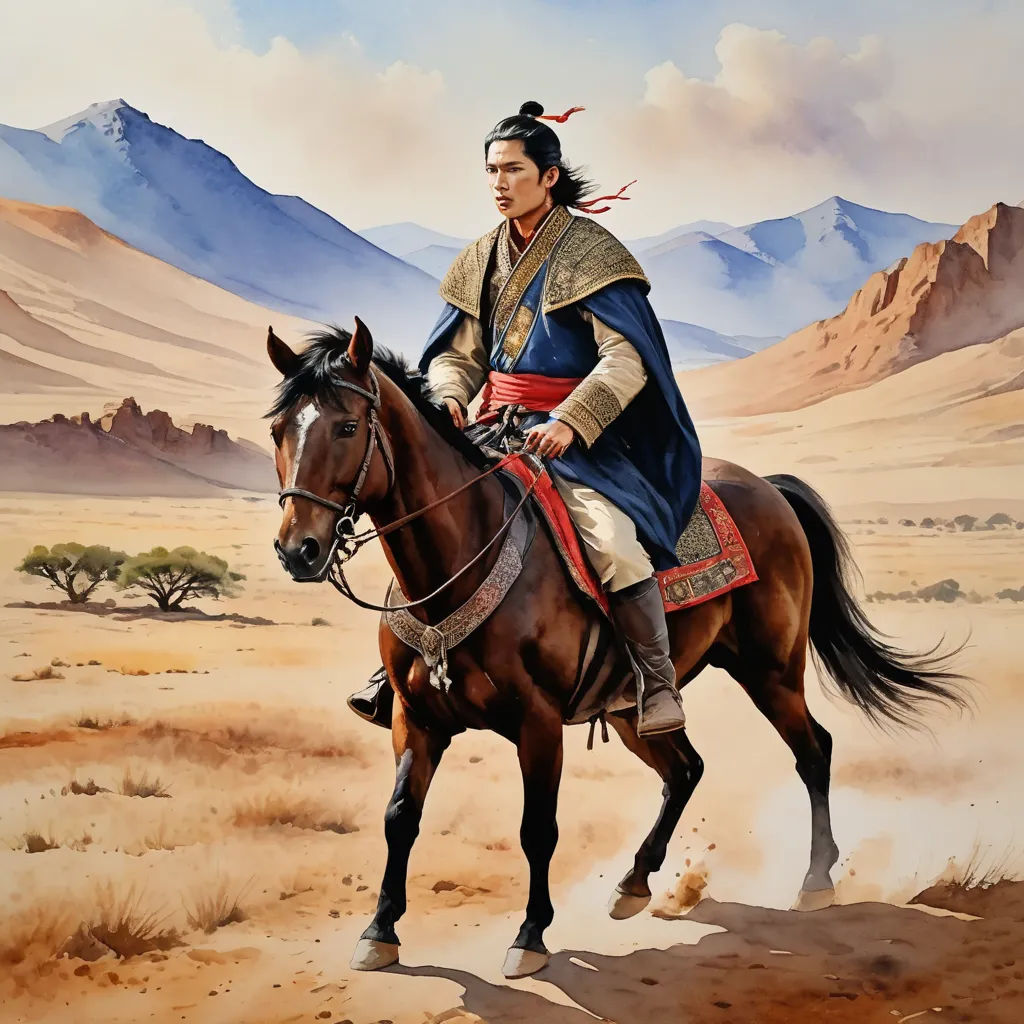 a painting of a man riding a horse in the desert with mountains in the background and a sky with clouds, dau-al-set, a detailed painting, Emperor Huizong of Song, epic fantasy character art