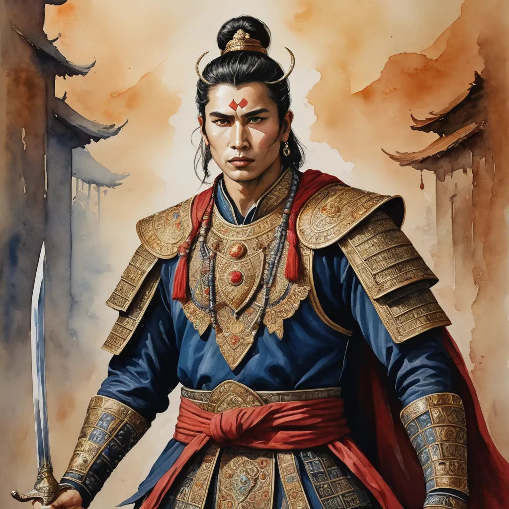 a painting of a man in a chinese costume holding a sword and wearing a helmet with a dragon on it, fantasy art, a detailed painting, Emperor Huizong of Song, epic fantasy character art