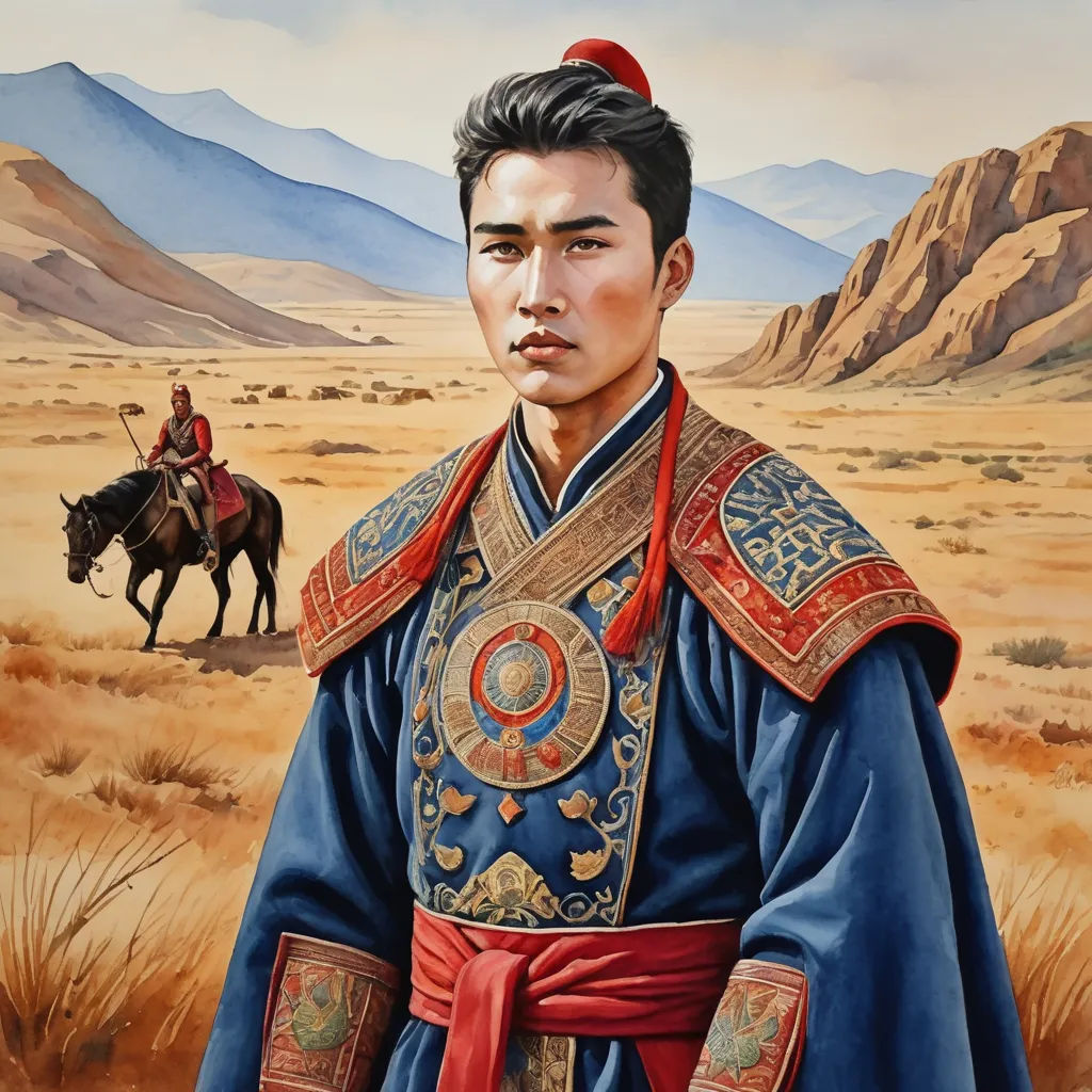 a painting of a man in a blue outfit with a horse in the background and a mountain range in the background, dau-al-set, a character portrait, Ding Guanpeng, detailed painting