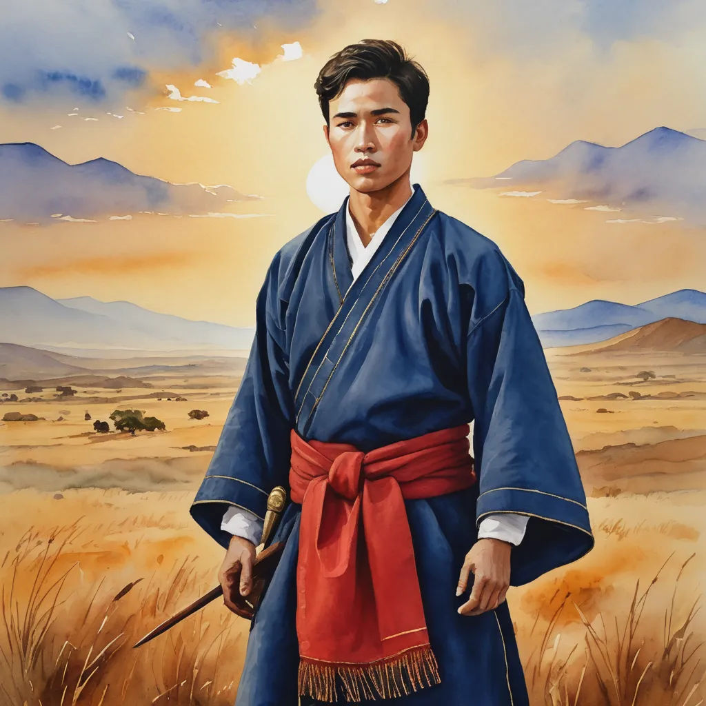 a painting of a man in a kimono holding a sword in a field of wheat with mountains in the background, figurative art, a character portrait, Awataguchi Takamitsu, sakimichan