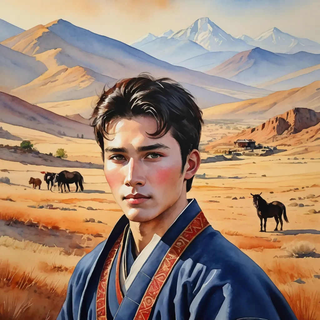 a painting of a man in a blue kimono in a desert with horses in the background and a mountain range in the distance, figurative art, a detailed painting, Choi Buk, detailed painting